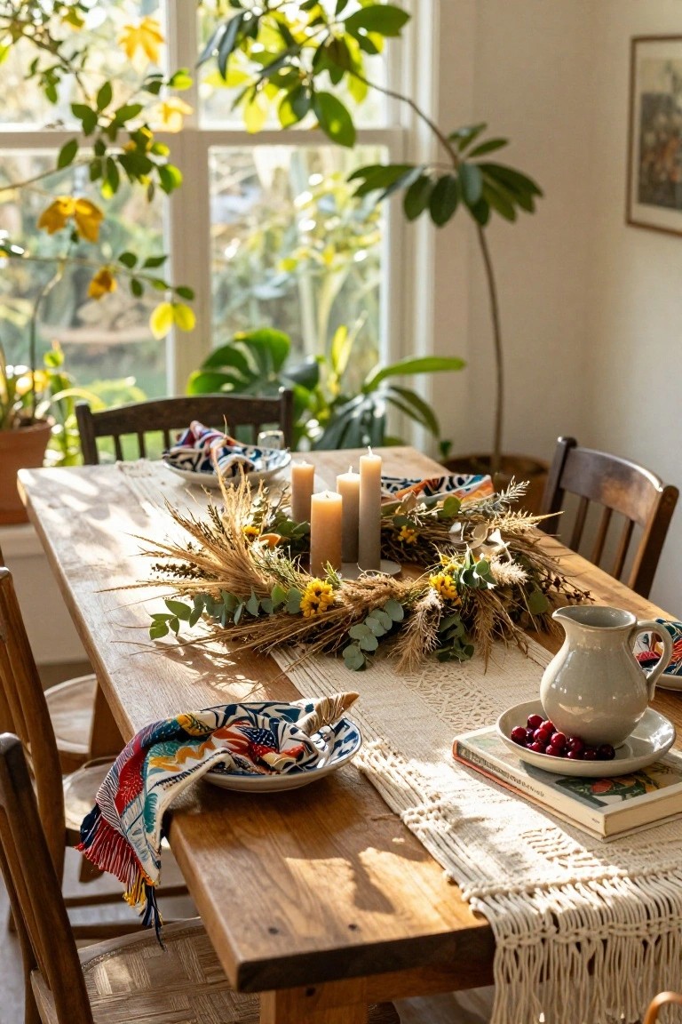 Rustic wooden table with autumn floral centerpiece, candles, and patterned dishes.