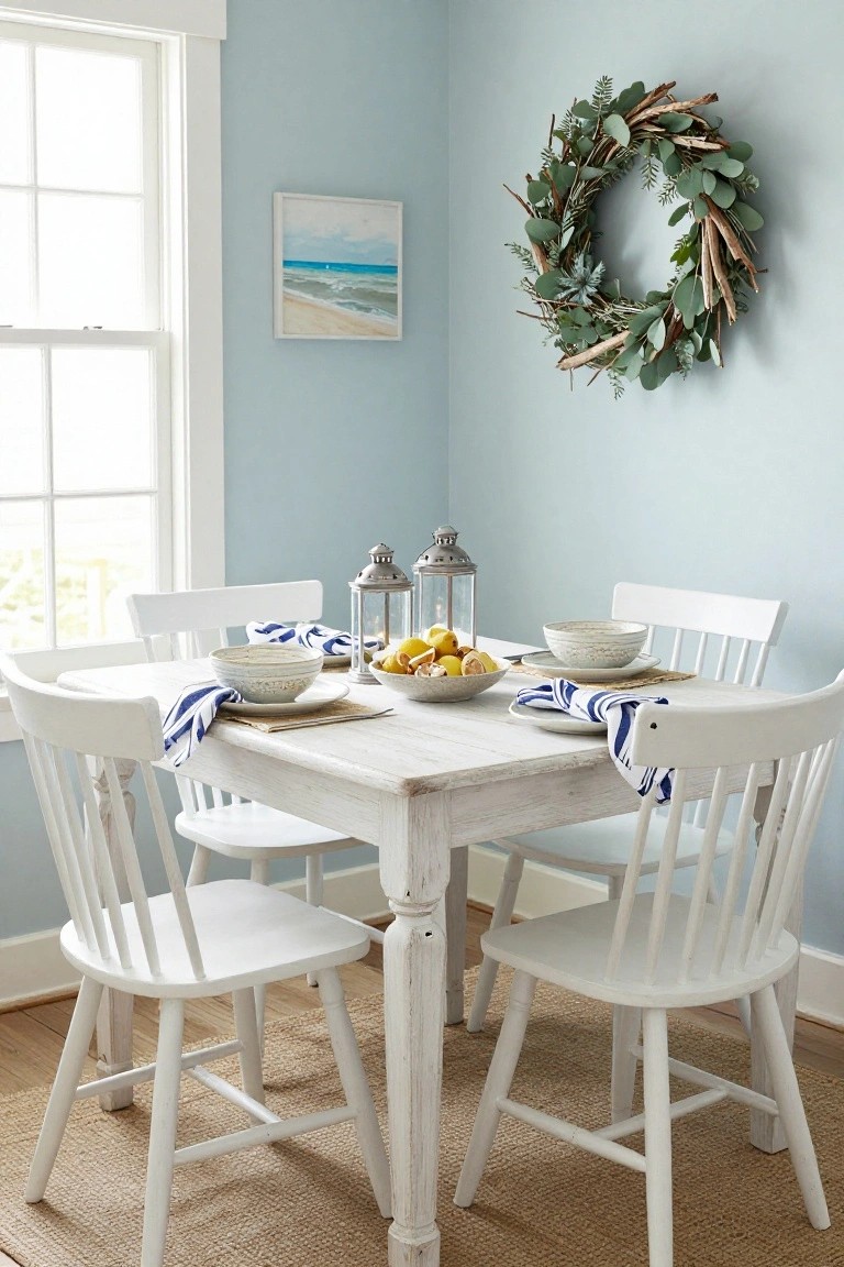 Light blue corner dining room with white wooden table set for four, blue napkins, white bowls, bowl of lemons centerpiece, two glass lanterns, white spindle chairs on seagrass rug, eucalyptus and driftwood wreath on wall, beach painting nearby, large window.