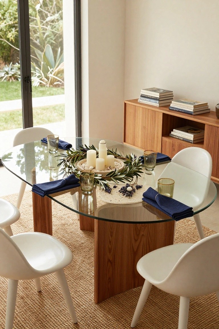 Oval glass dining table on wooden pedestal base with white molded plastic chairs, olive leaf wreath centerpiece holding white pillar candles and glassware, navy linen napkins, wooden sideboard with stacked books, and sliding glass doors overlooking a garden.