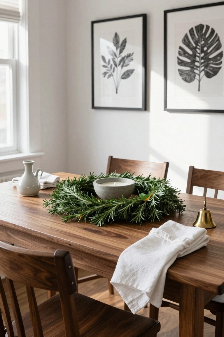 Dining table centered with a green rosemary wreath encircling a gray concrete candle holder, white linen napkins draped nearby, a white ceramic vase, and a brass bell, wooden chairs around, black and white botanical art on white walls, natural light from window.