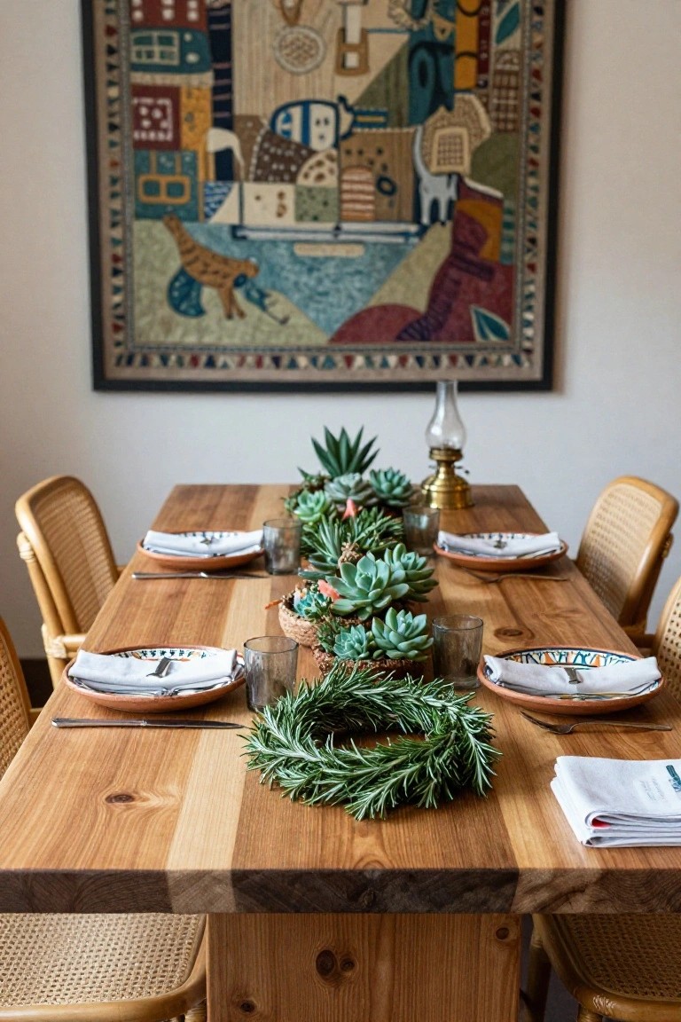 Wooden dining table set with colorful plates, napkins, glasses, and utensils, centered by a rosemary wreath and surrounded by potted succulents, with rattan chairs and a colorful wall hanging in the background.