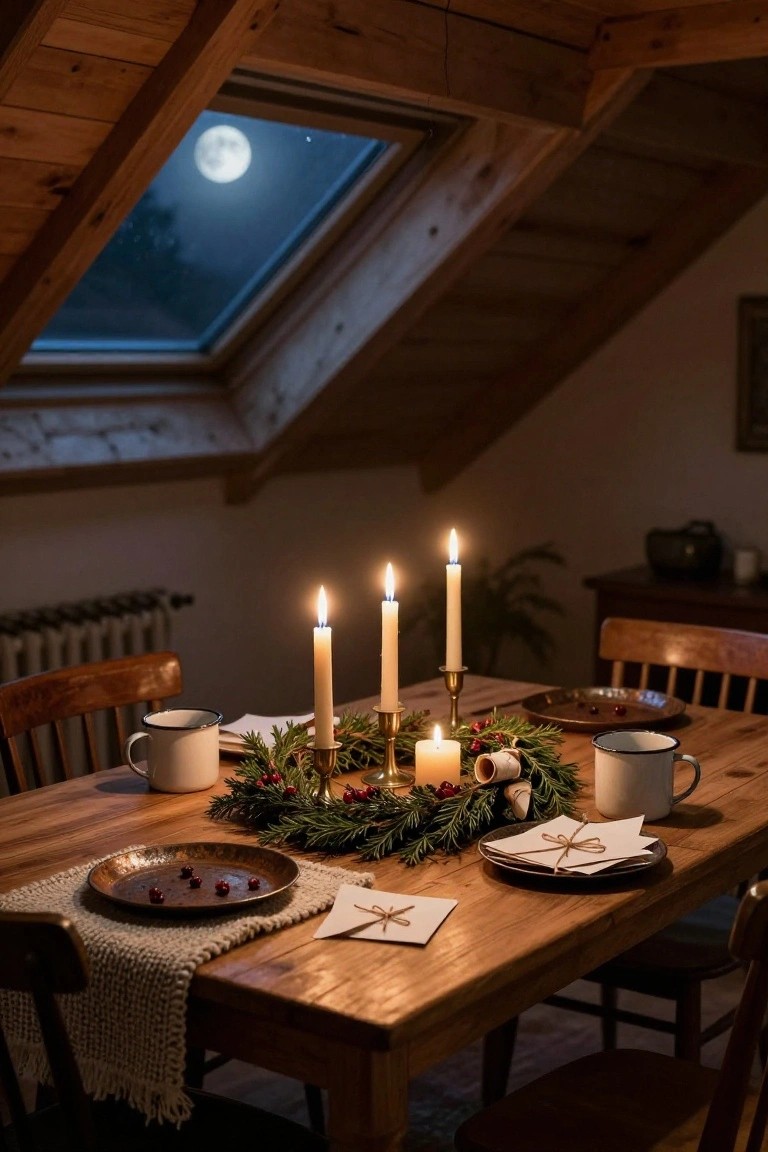 Wooden dining table in a rustic attic room with skylight showing a full moon, centered with an evergreen wreath holding lit candles, red berries, mugs, and plates.