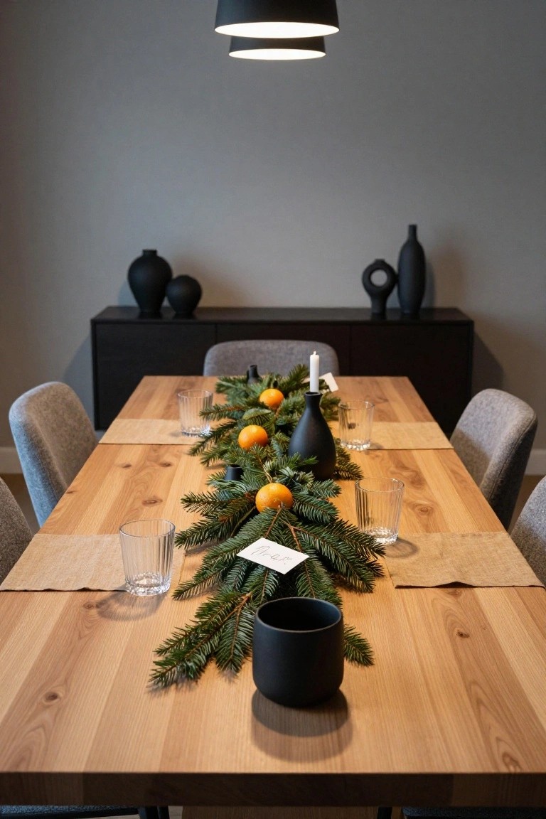 Wooden dining table centered with a garland of fir branches, oranges, black vases, a candle, and glass tumblers on beige placemats, flanked by gray chairs and a black sideboard against gray walls.