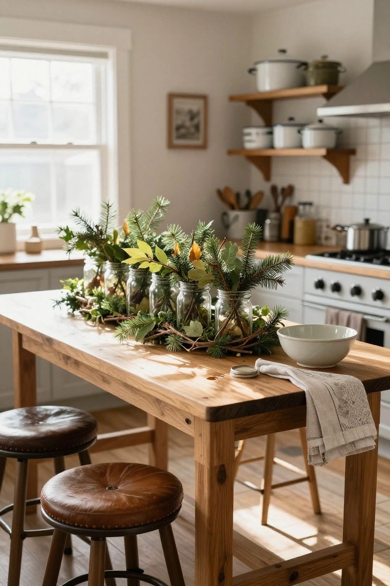 Kitchen island topped with a linear centerpiece of multiple mason jars containing evergreen branches, yellow leaves, and pine sprigs, accented by garland, next to wooden stools and a white bowl.