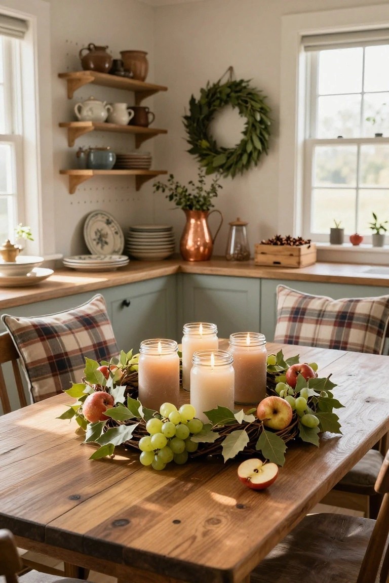 Kitchen corner with sage green cabinets, wooden dining table centered by a wreath with apples, grapes, ivy leaves, and lit candles in mason jars, plaid pillows on chairs, open shelves holding pottery and copper pot, greenery wreath on wall near windows.