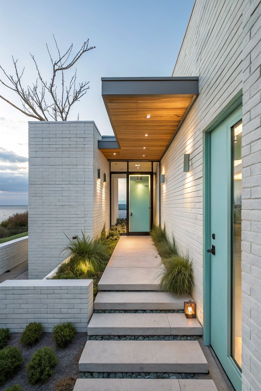 Modern coastal home front entry with white brick walls, a turquoise door, concrete steps and path, wood ceiling overhang, and flanking grasses.