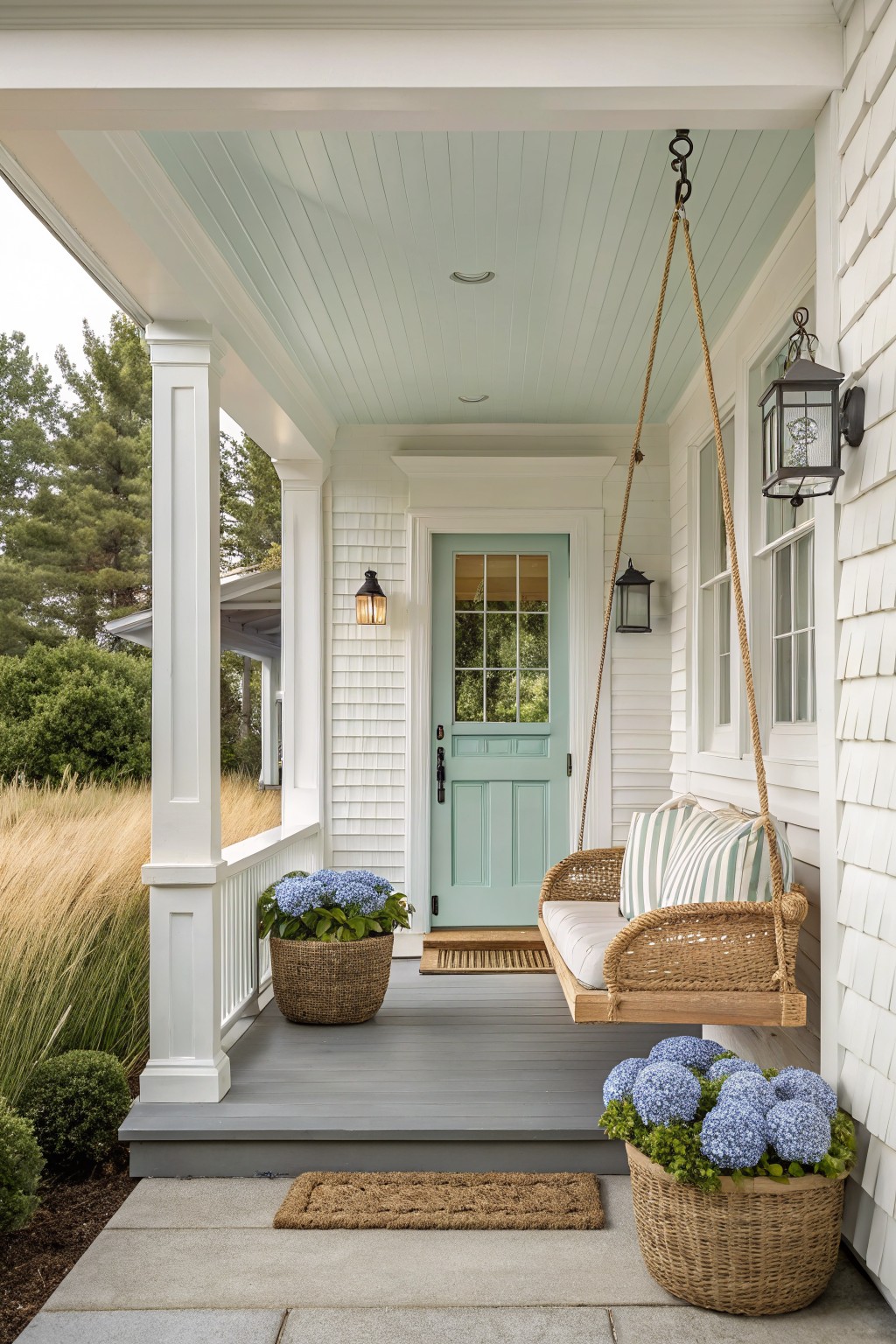 A front porch with white siding features a light blue door, gray floorboards, and a hanging wicker swing with striped cushions next to large basket planters holding blue hydrangeas.