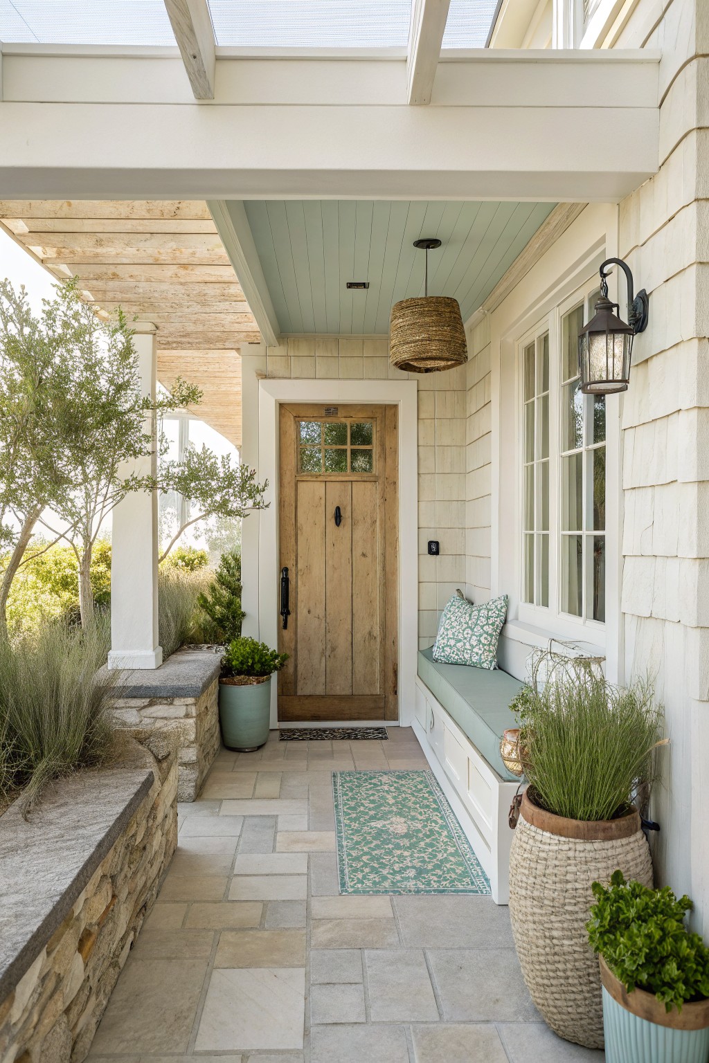 A front porch entry with a wooden door, built-in bench with green cushion and patterned pillow, large woven plant pots, stone accents, and a hanging woven light fixture.