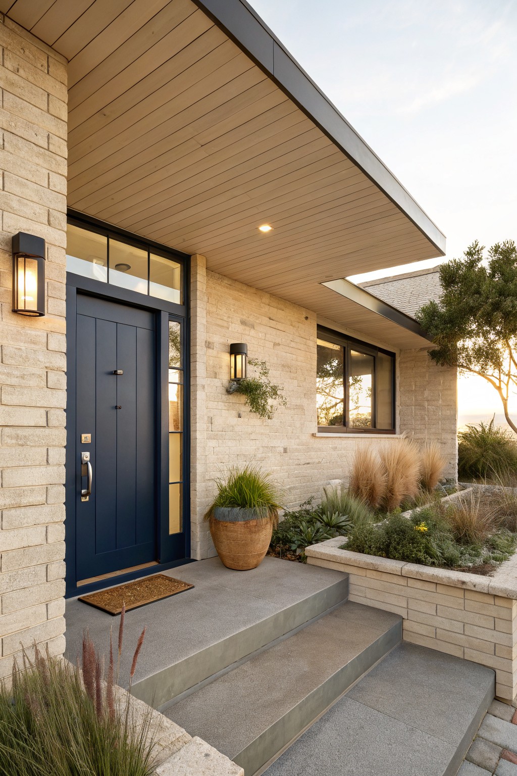 Front entry of a coastal home showing a navy blue door set into light brick walls beneath a wood ceiling, with concrete steps and a woven pot of grass.