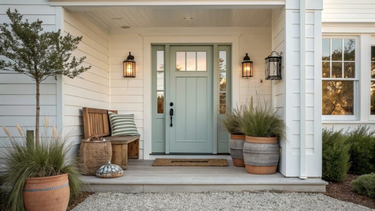 A light green front door on a white house with several potted plants placed on and beside the concrete steps, plus a wall lantern.