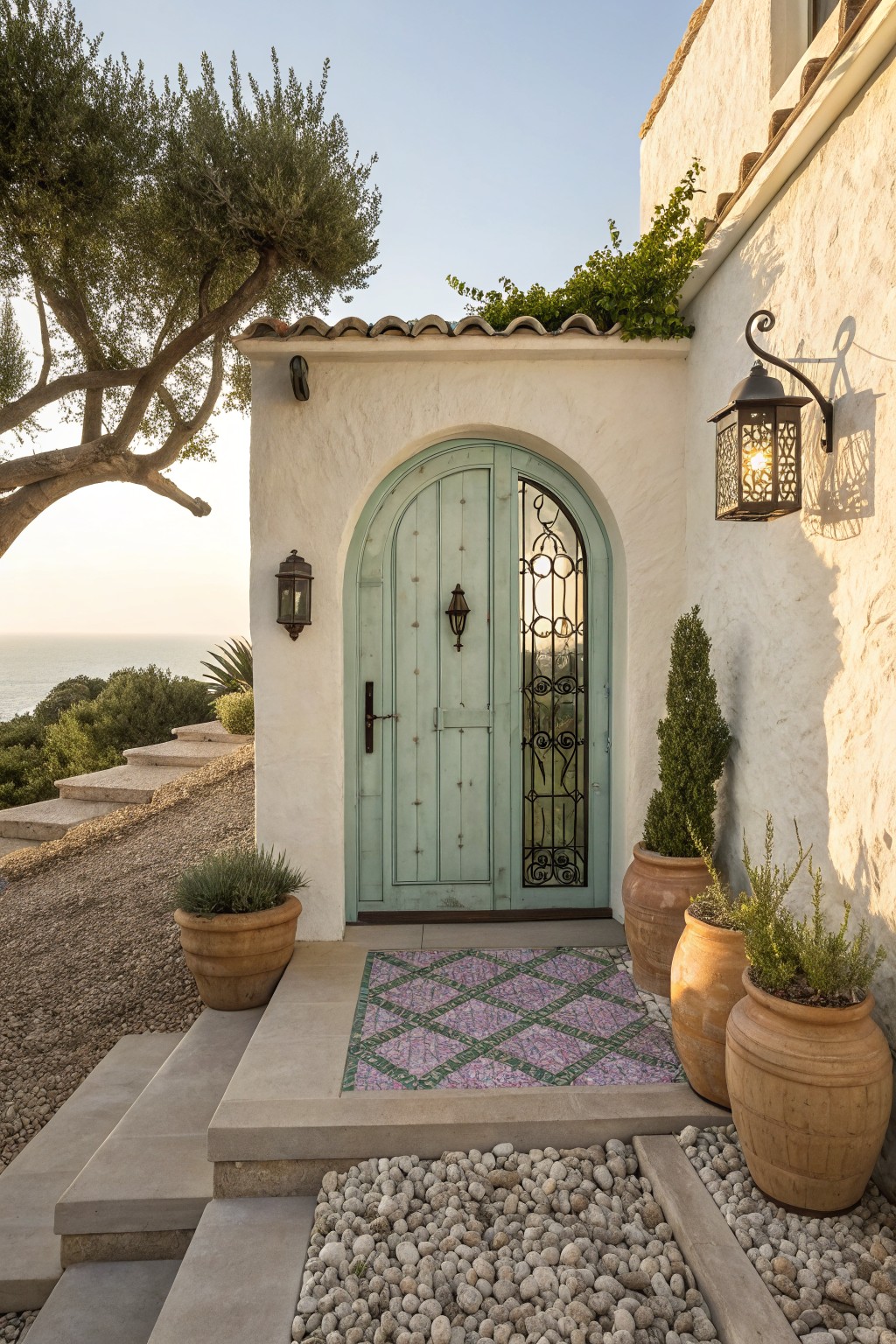 A coastal home entry with a mint green arched door, white stucco walls, terracotta pots with plants on the steps, and a patterned doormat.