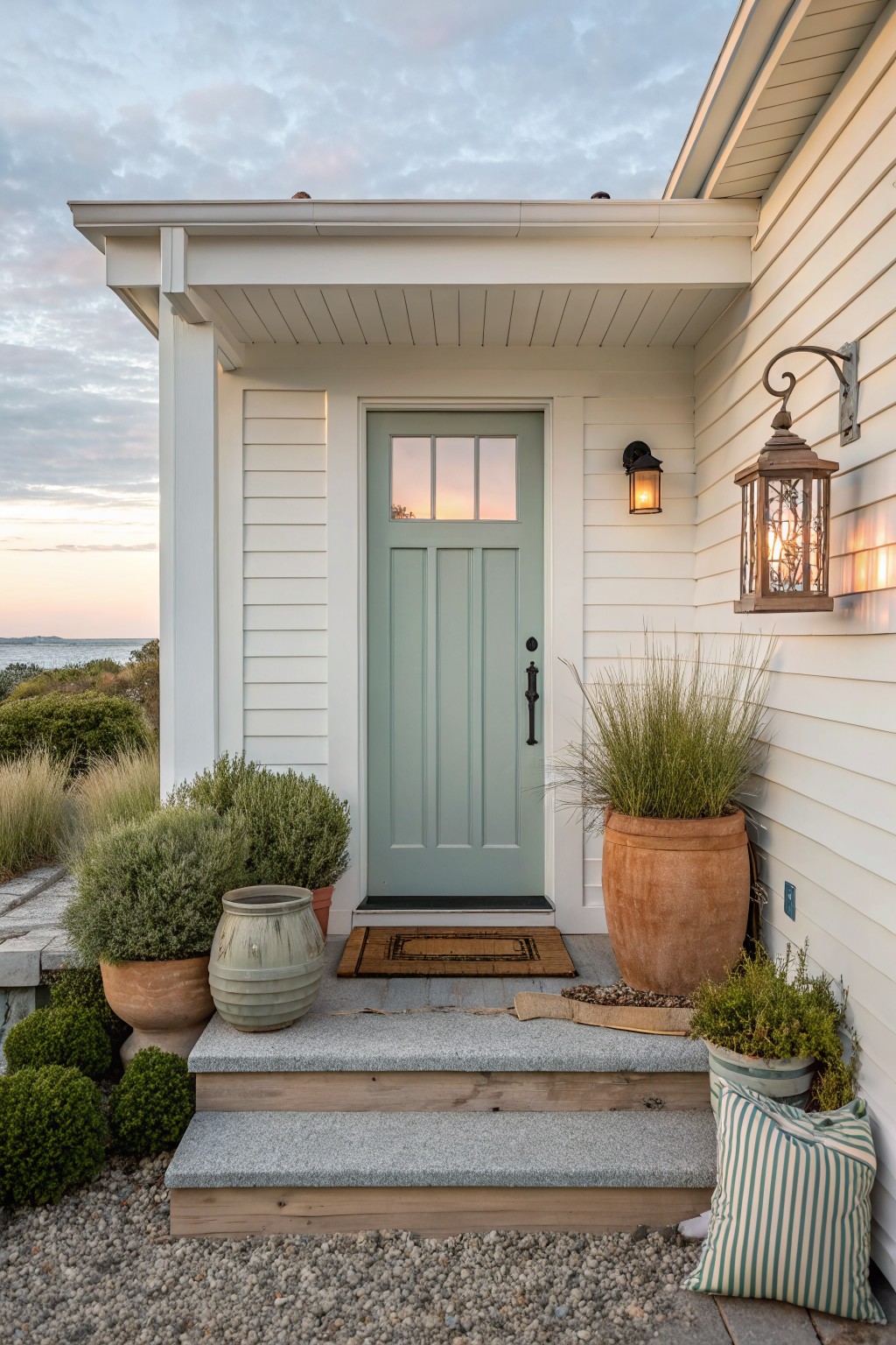 A light green front door on a white house with several potted plants placed on and beside the concrete steps, plus a wall lantern.