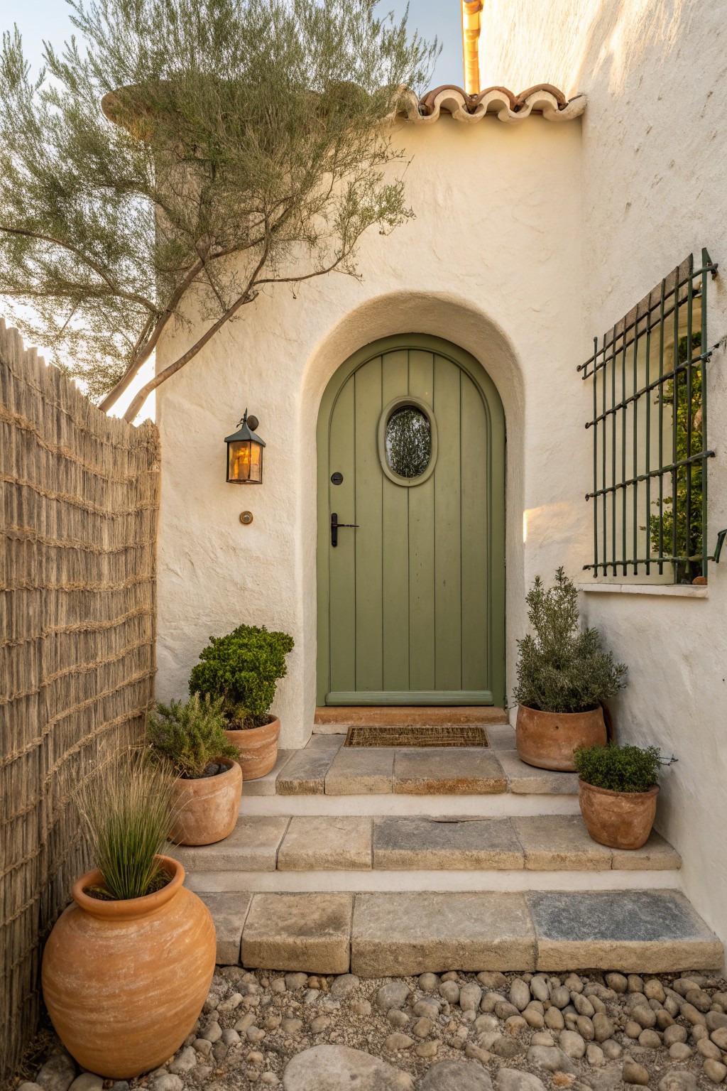 Green arched door with terracotta pots on stone steps in courtyard
