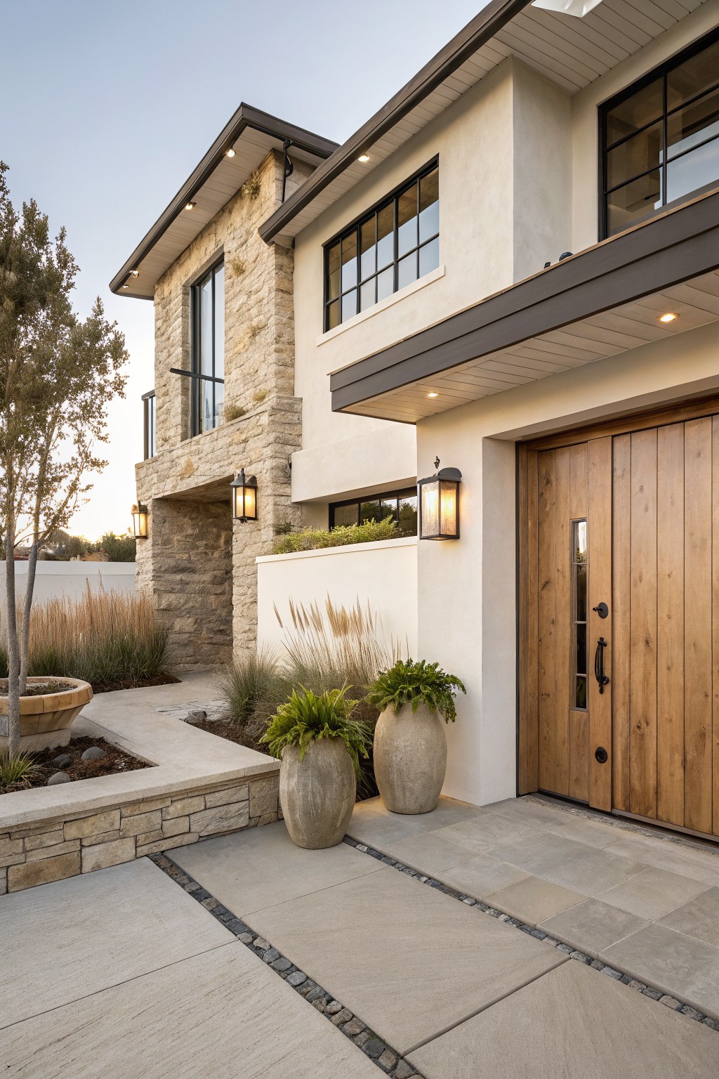 Modern house entrance with wooden doors, stone walls, potted plants, and lanterns.