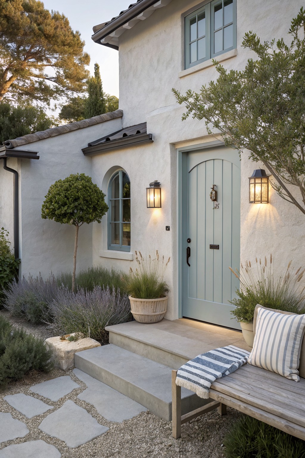 A white stucco house with a light blue front door, concrete steps, a wooden bench with striped pillows, and potted plants flanking the entry.
