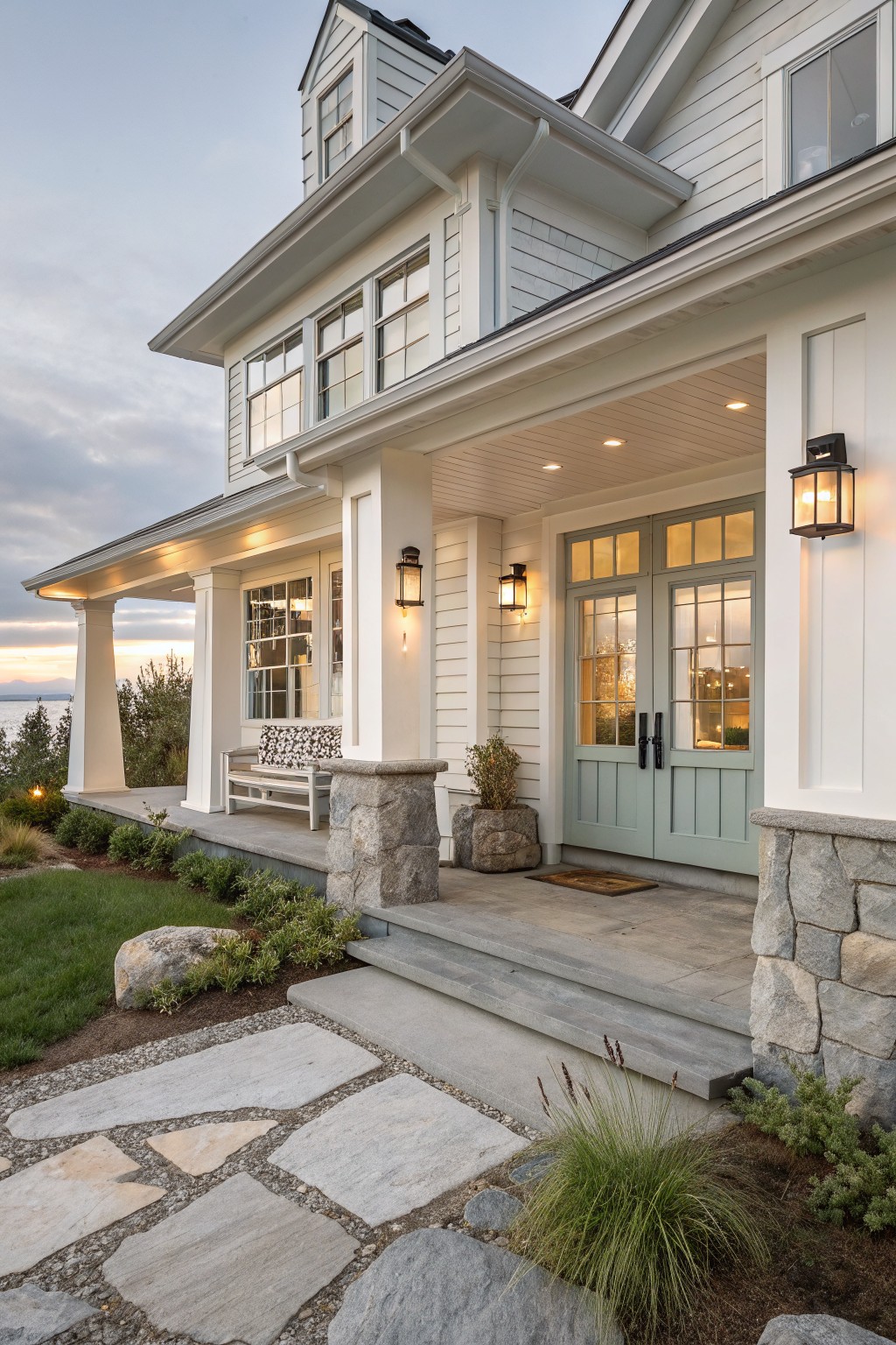 White two-story house with sage green double doors, stone steps, and lit lanterns at dusk