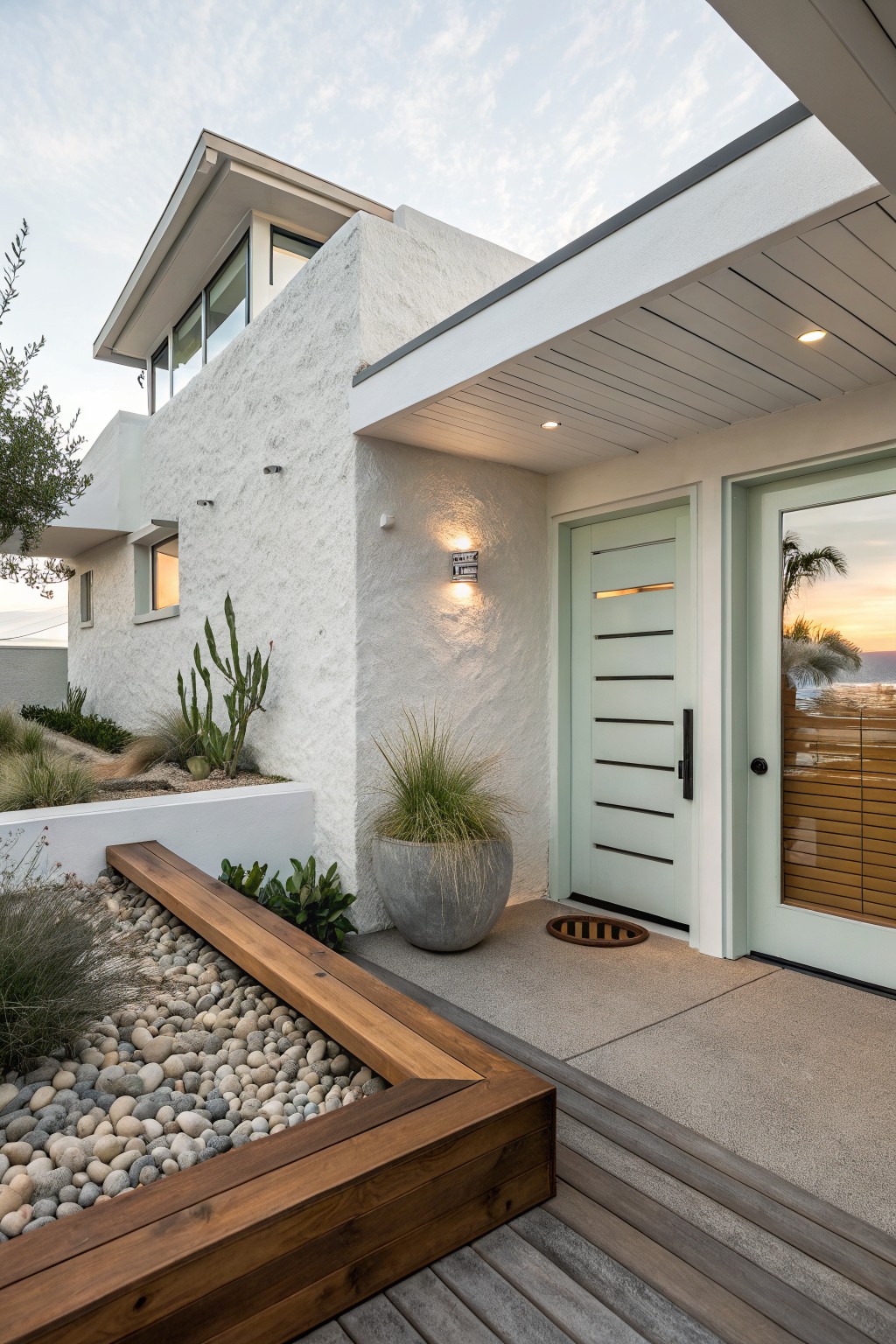 Front entry of a modern white stucco home featuring a light green door, a large potted plant beside the doorway, and a pebble bed edged with wood.