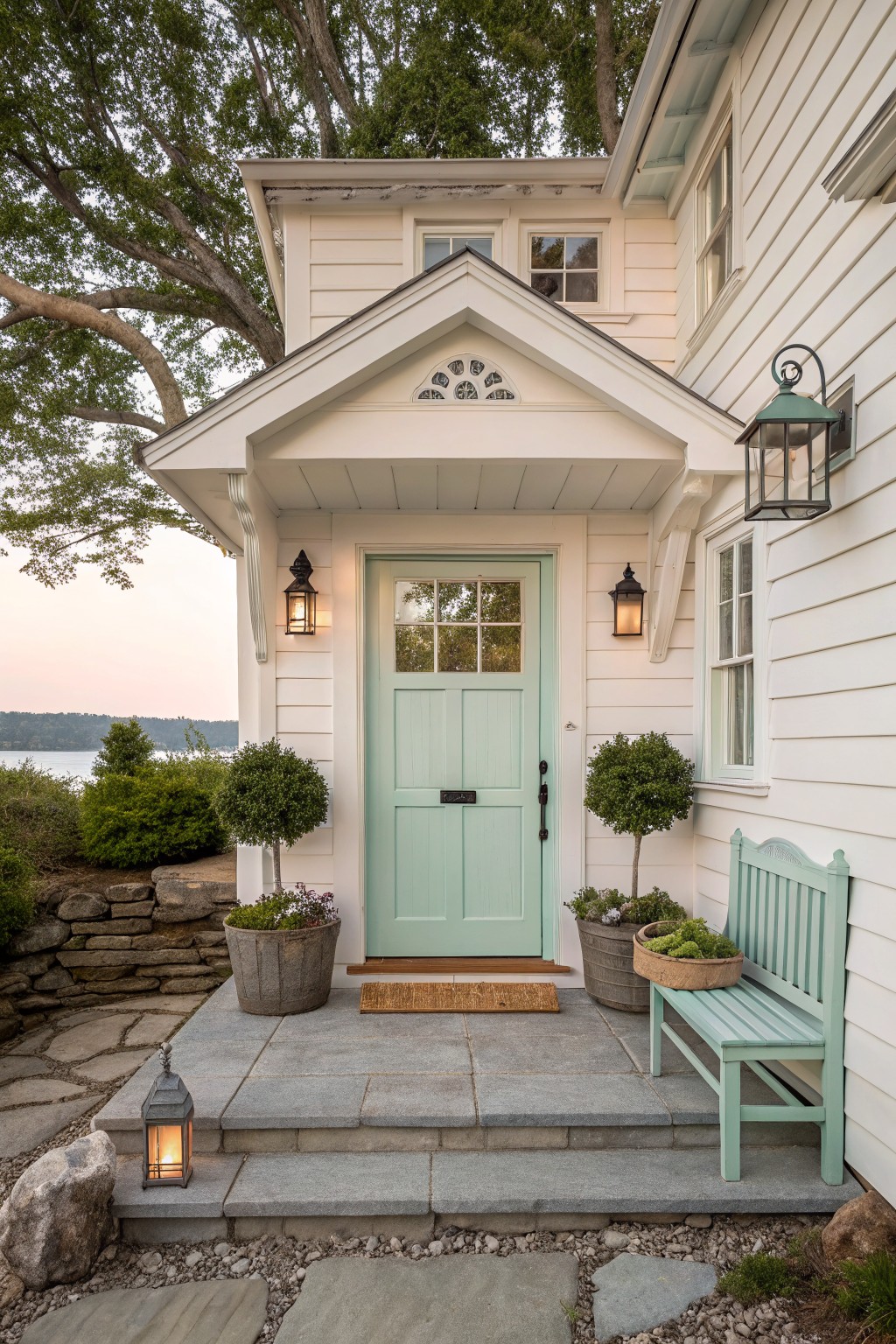 A white house with a light green front door, stone steps, potted plants, a bench, and lanterns on either side of the entry.