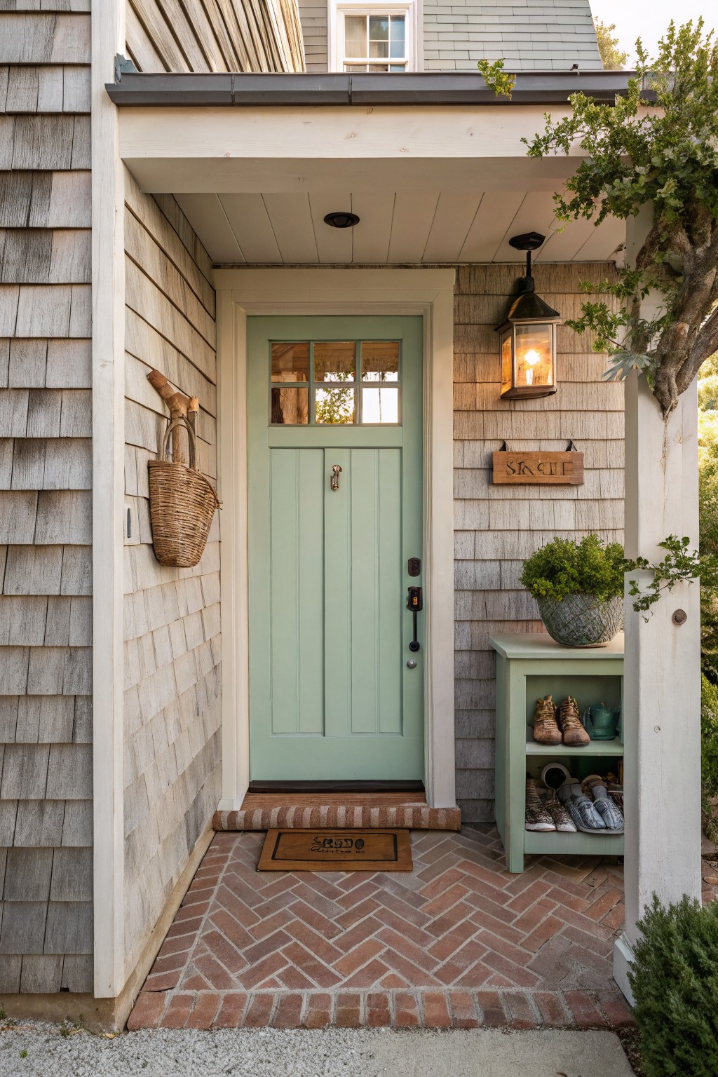 A light green front door on a shingled house with a brick path, wall-mounted light, and small entry table with shoes and plants.