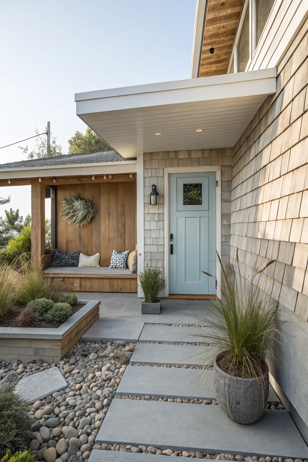 A light blue front door on a shingled coastal house with a covered entry porch, wooden bench, and stone pathway lined with potted plants.