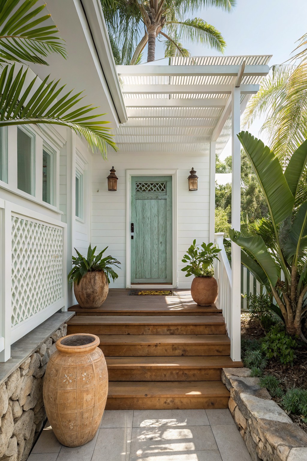 A white coastal house with a light green front door, wooden porch and steps, and several large terracotta pots with plants.