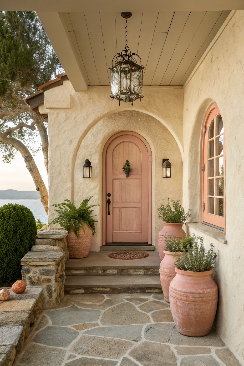 A front entry featuring a peach arched wooden door under a hanging lantern, flanked by terracotta pots with plants and stone steps leading to a flagstone path.