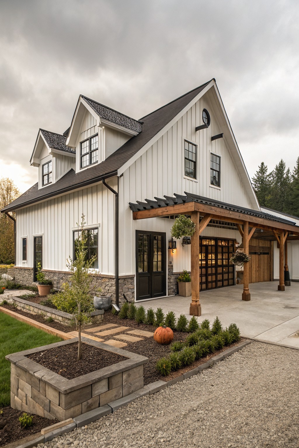A white barndominium with vertical siding, a stone foundation along the base, black-framed windows and doors, and a dark metal roof.