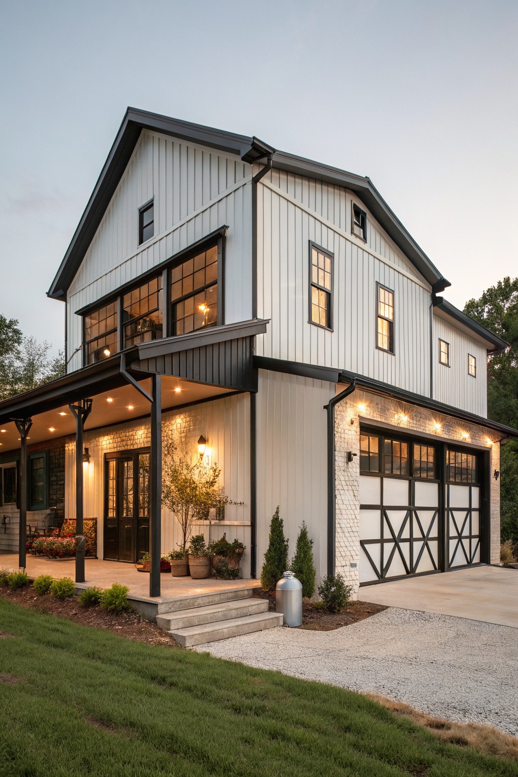 A two-story white barndominium with black trim, grid windows, a covered porch on the left, and a large cross-braced garage door on the right.