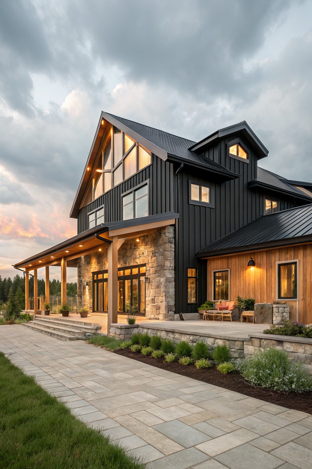 A large two-story barndominium exterior at dusk featuring black vertical siding, stone foundation walls, wood paneling on parts of the facade, a covered porch with columns, and a stone patio.