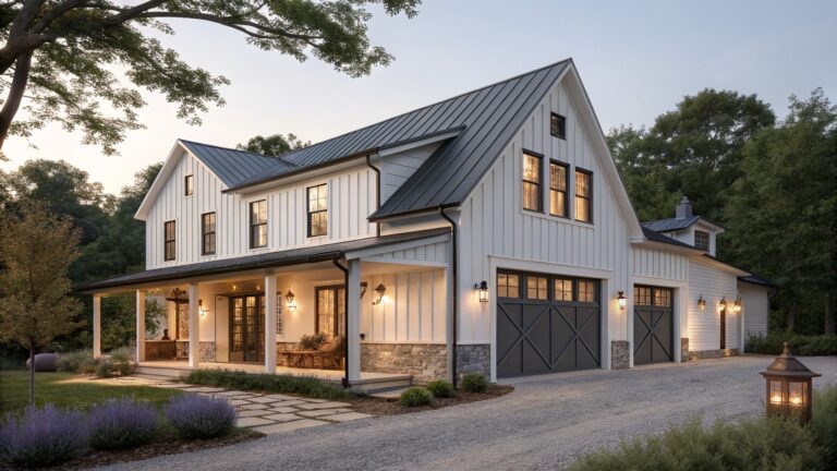 18 Farmhouse Barndominium Exterior Ideas With Rustic Shape and Modern Polish A white two-story barndominium with vertical siding, a dark metal roof, cupola, and a large wooden barn-style double door centered on the front facade.