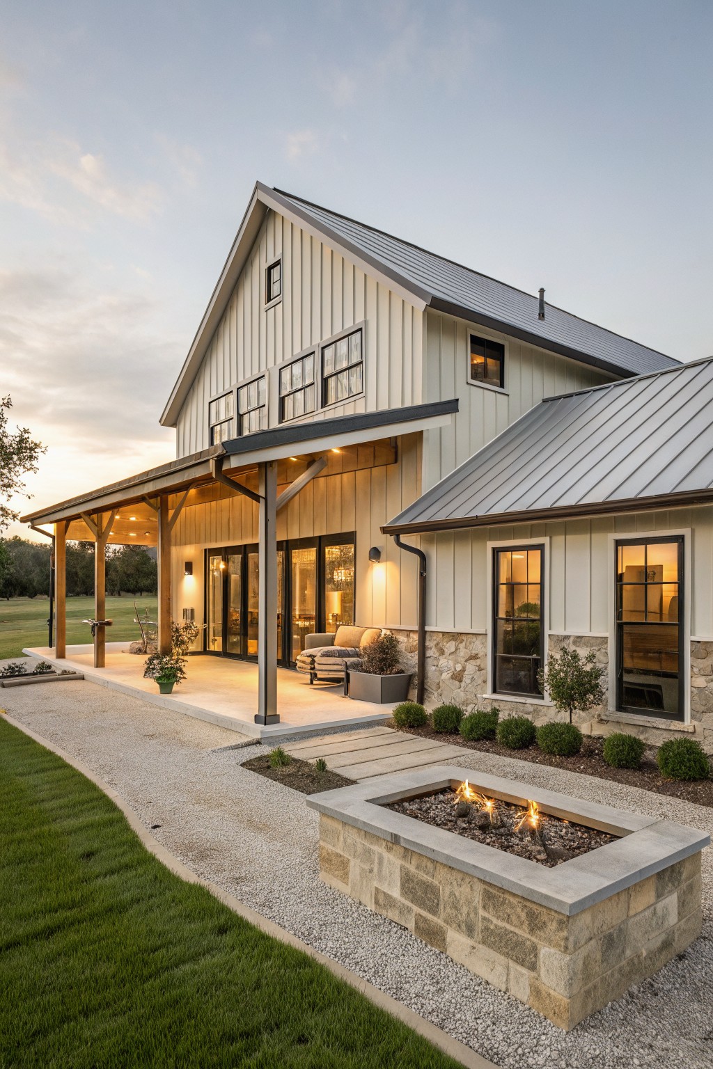 A white barndominium with a metal roof and covered porch, shown with a stone fire pit set in gravel in the foreground.