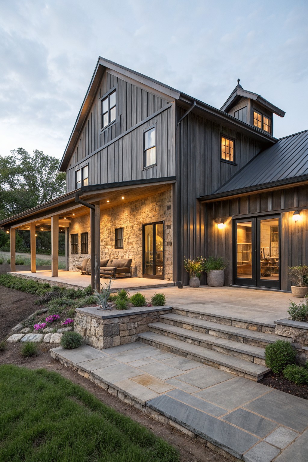 A two-story barndominium with dark vertical metal siding, a stone lower section, a covered porch, and a paved patio with steps leading up to the entrance.