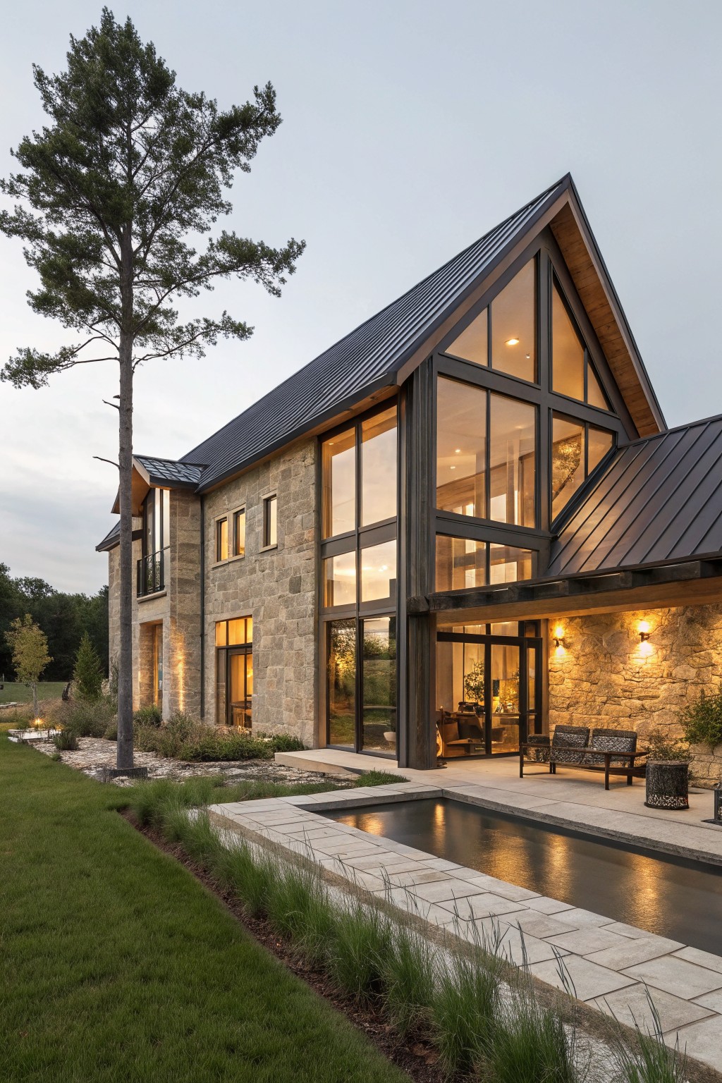 Modern stone house with large glass windows, metal roof, and reflecting pool at dusk.