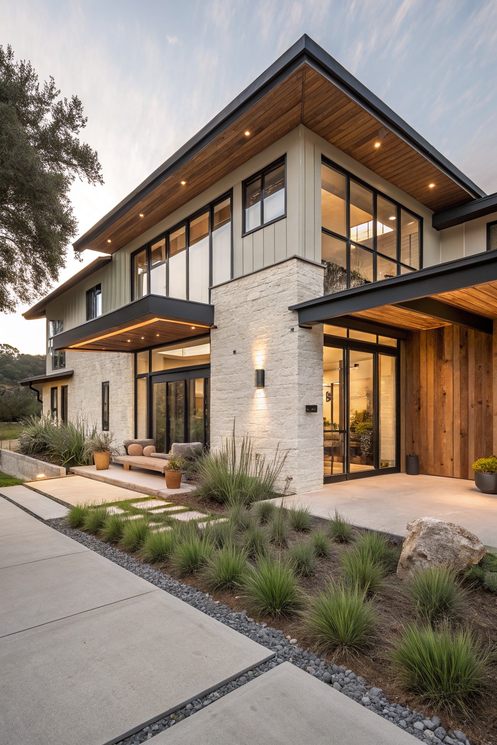 A modern two-story house exterior with a light stone section, sage green siding, large black-framed windows, wooden ceiling overhangs, and a dark metal roof, surrounded by landscaping and a concrete driveway.