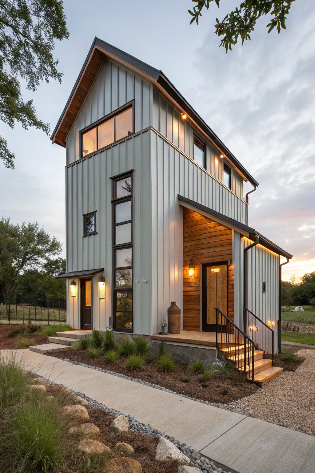 A two-story barndominium exterior with light green vertical metal siding, wood paneling at the entry, and a gabled roof at dusk.