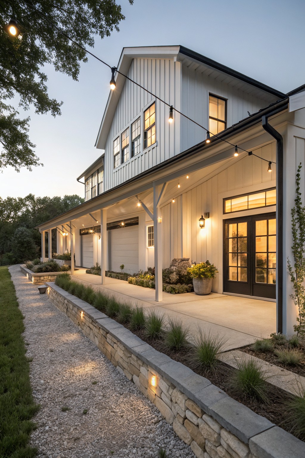 Modern white farmhouse with black trim, string lights, and stone landscaping at dusk