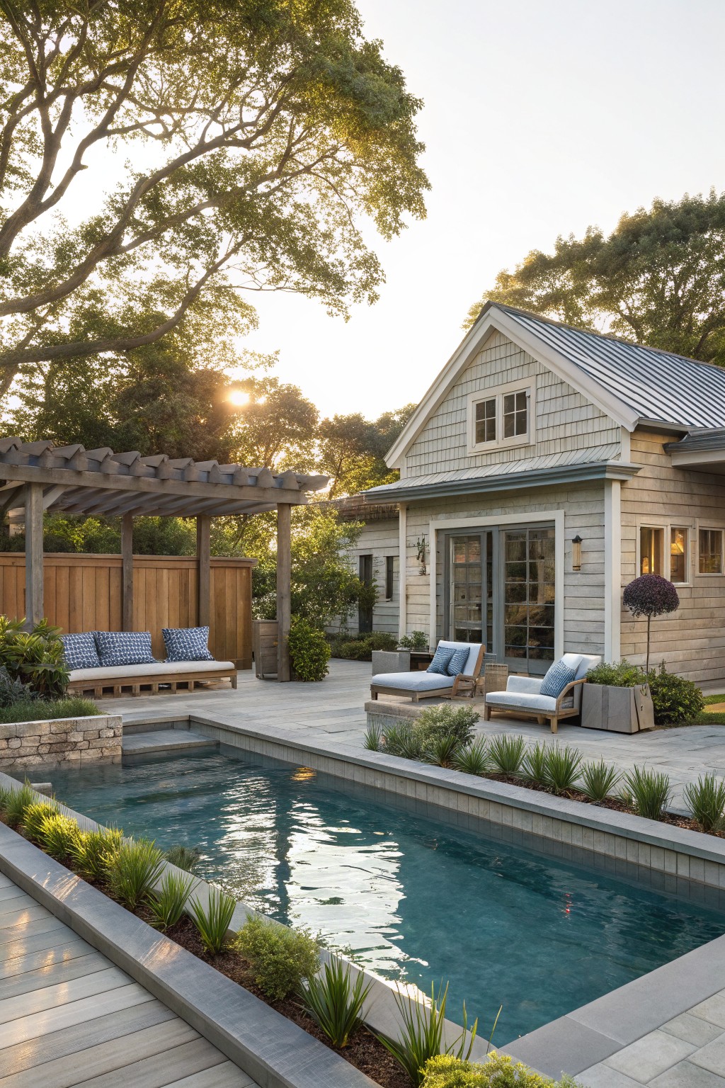 Backyard pool with lounge chairs, pergola, and wooden house at sunset