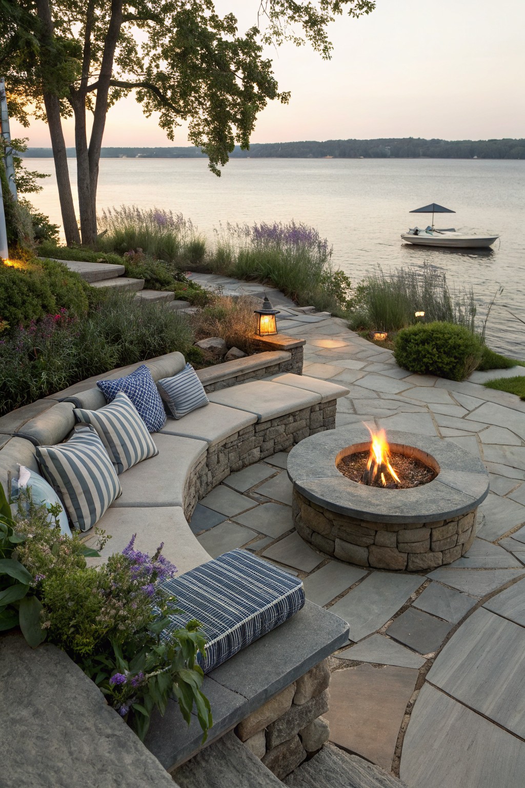 A curved stone bench with striped cushions surrounds a circular stone fire pit on a flagstone patio beside a lake.
