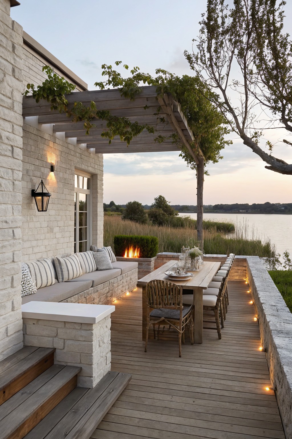 Luxurious wooden deck with dining table, seating, fire pit, and lake view at dusk.