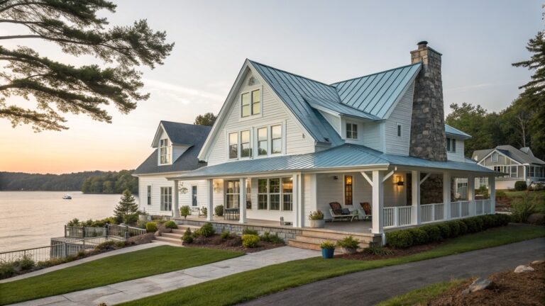 A white lake house with a blue metal roof, stone chimney, and covered porch, shown with blue hydrangeas and a stone path leading to the water.
