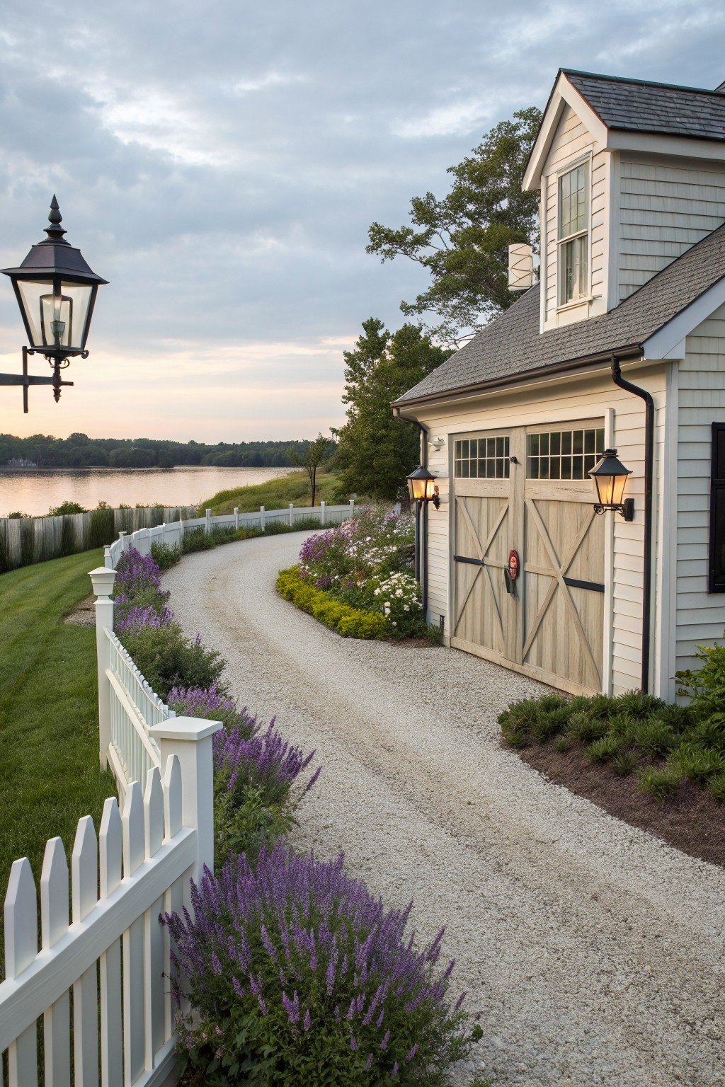 A white farmhouse exterior with wooden garage doors beside a curving gravel driveway lined with a white picket fence and purple flower beds, with a lake in the background.