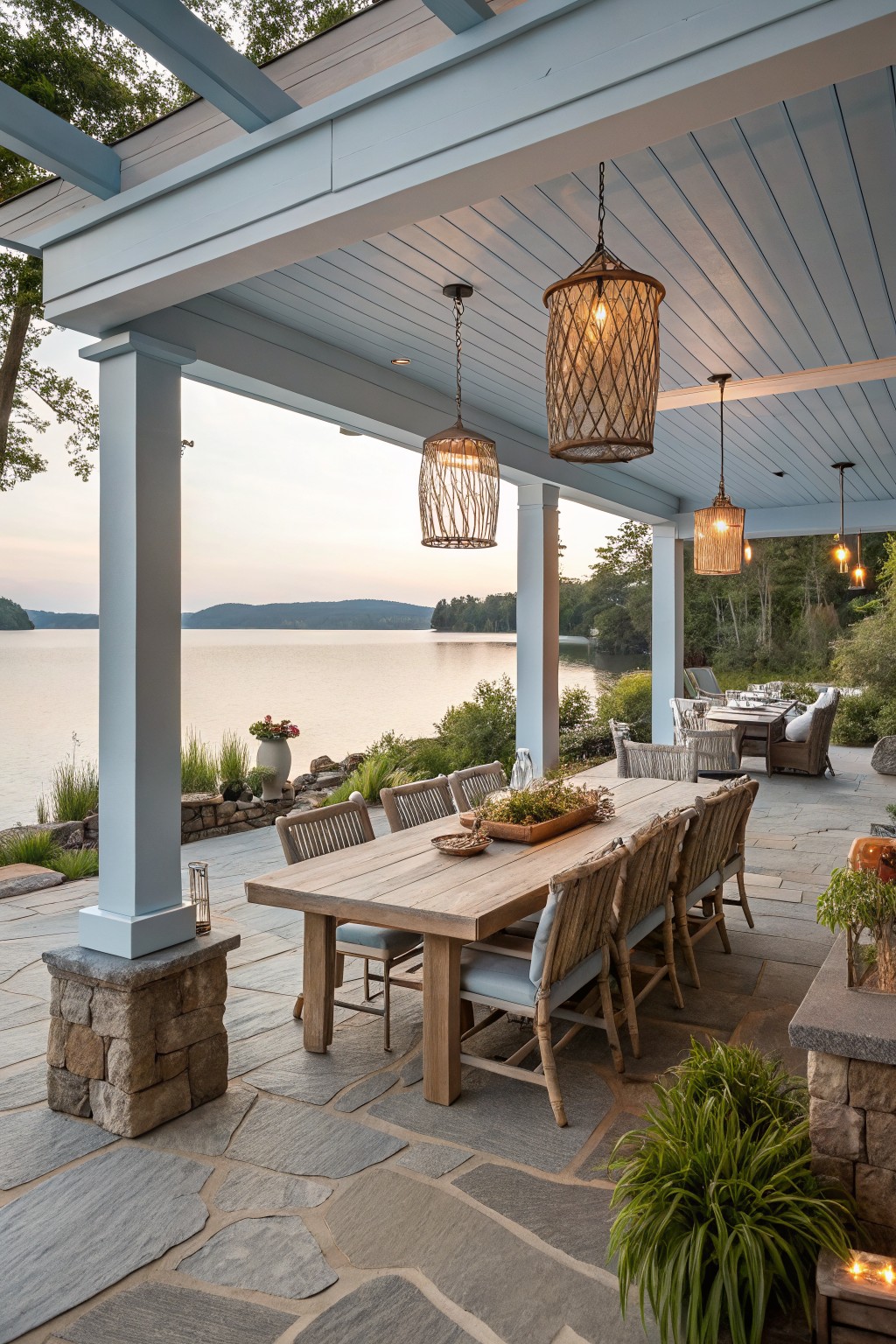 A covered porch with a long wooden dining table, cushioned chairs, and several hanging pendant lights overlooking a lake.