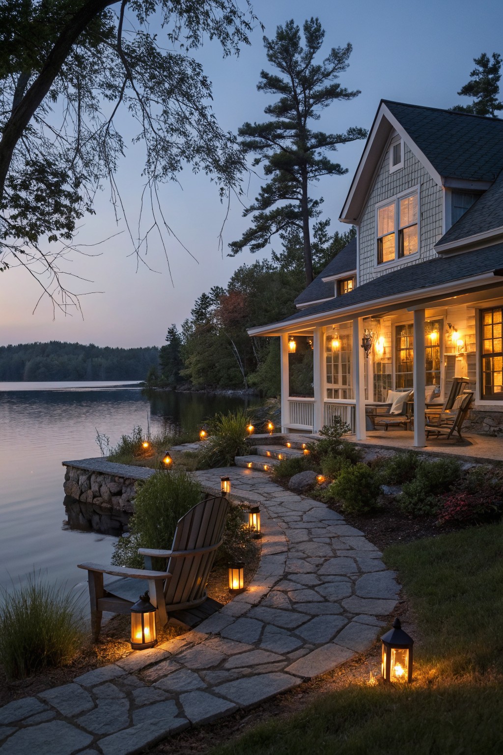 A lakeside farmhouse at dusk with a stone path lined by glowing lanterns leading to a lit wraparound porch beside still water.