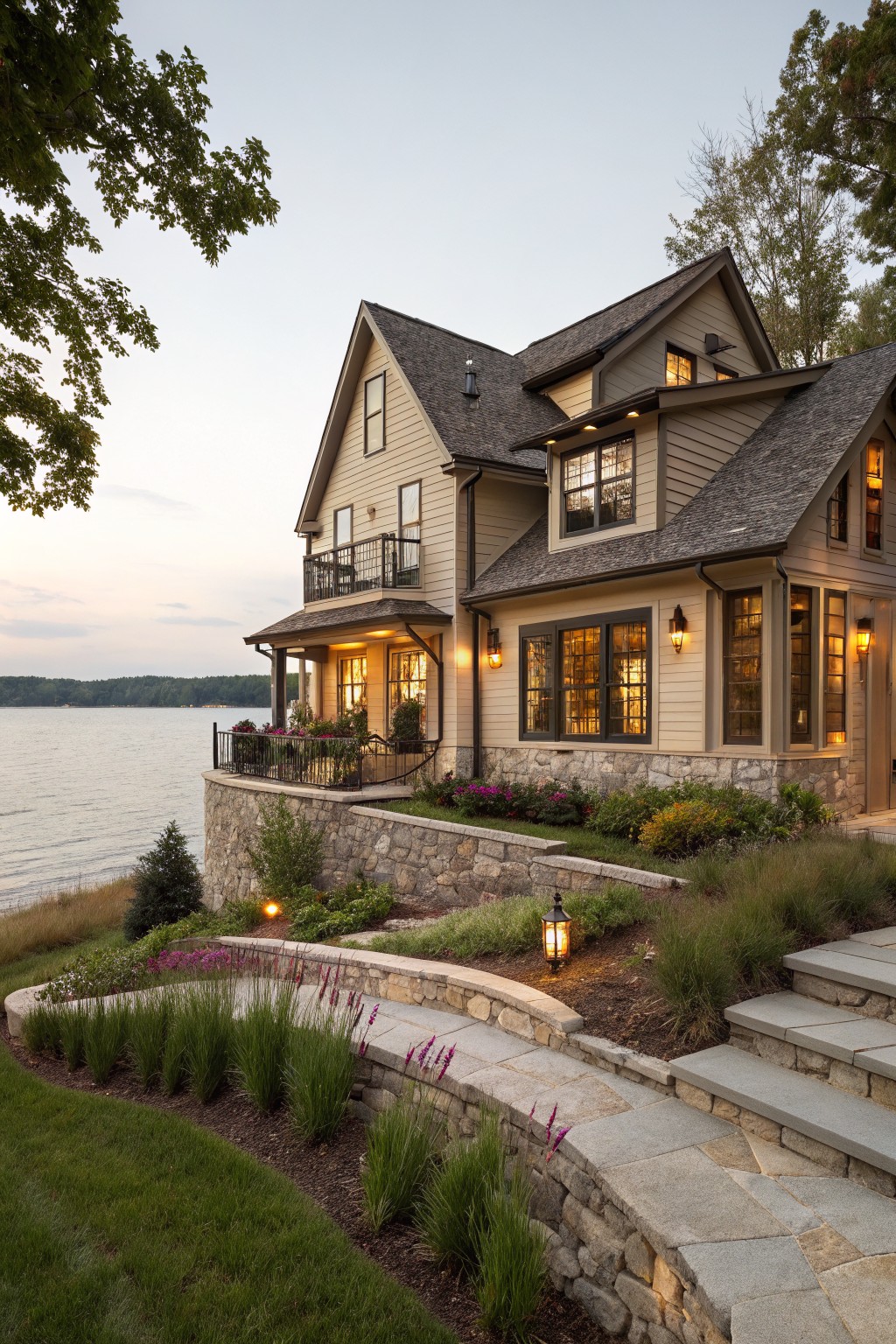 Lakeside home with glowing windows, stone walls, and terraced gardens at dusk.