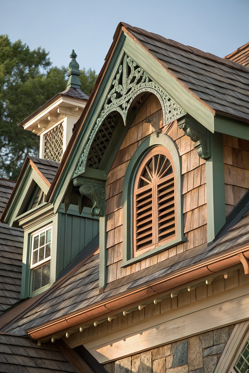 Close-up view of a house gable with green painted decorative wood trim, brown shingles, and an arched window with louvered shutters.