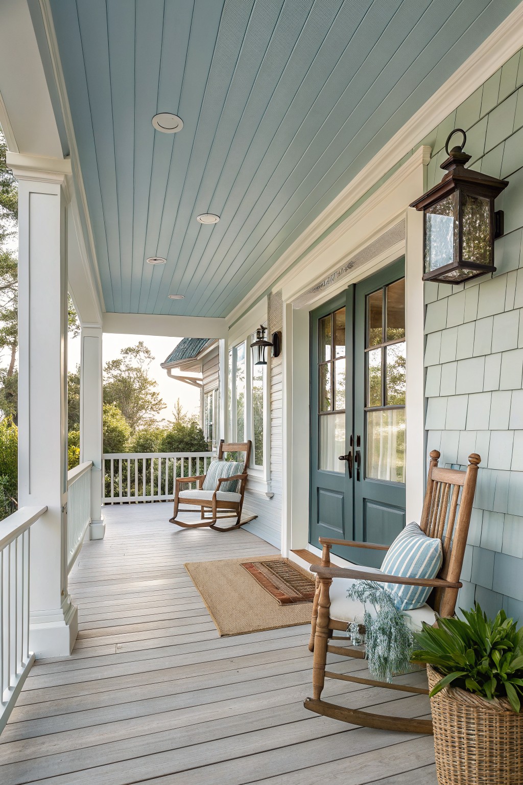 A covered porch with two wooden rocking chairs, striped cushions, a teal door, and light blue ceiling.