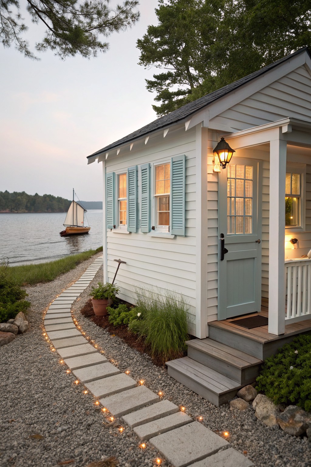 A small white house with light blue shutters and door sits beside a lake with a stone path lined with lights leading to the porch.