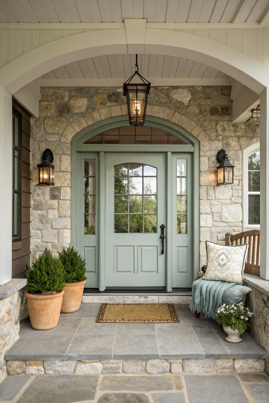 A sage green front door with an arched transom set into a stone wall, flanked by wall lanterns and terracotta pots on a stone porch.