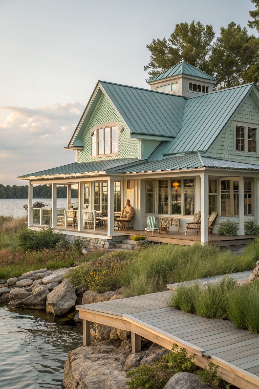 A light green lake house with white trim, a teal metal roof, and a large porch facing the water.