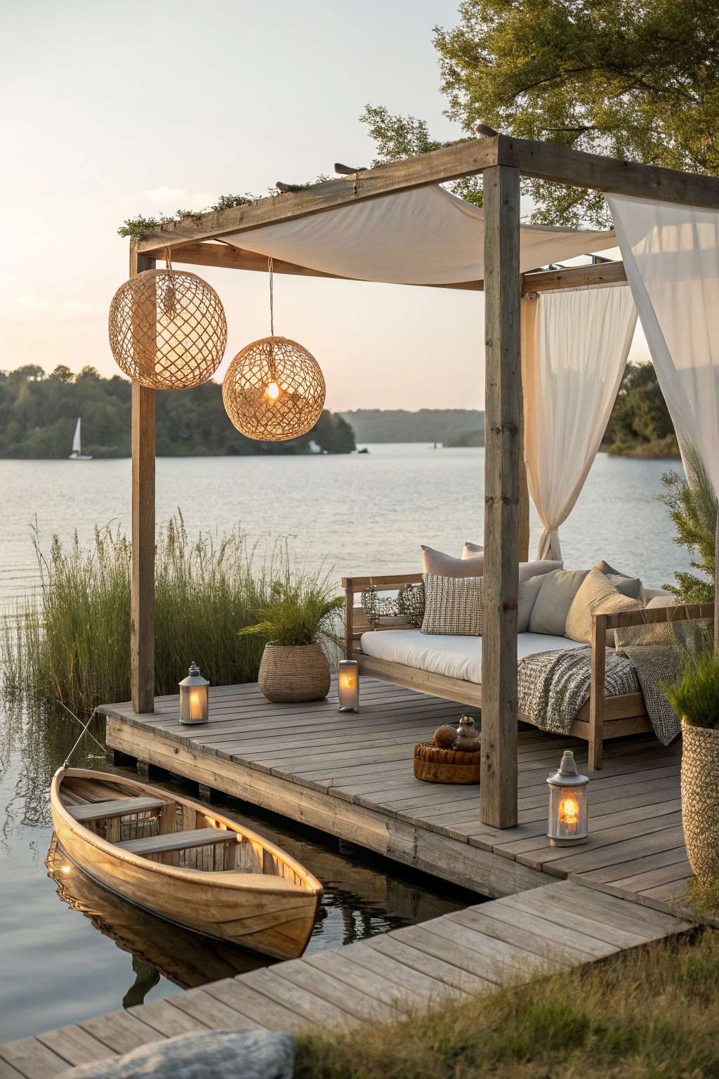 A wooden dock extending over a lake with a canopy-covered daybed, hanging woven lights, lanterns, and a small boat tied to the side.